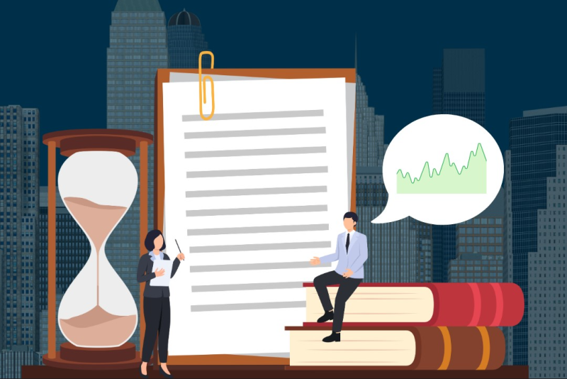 Man sitting on books thinking about his investment portfolio. Woman leaning against hourglass symbolizing time is running out. Both looking at paper symbolizing their retirement plan. Both thinking about common shortfalls for lawyers.